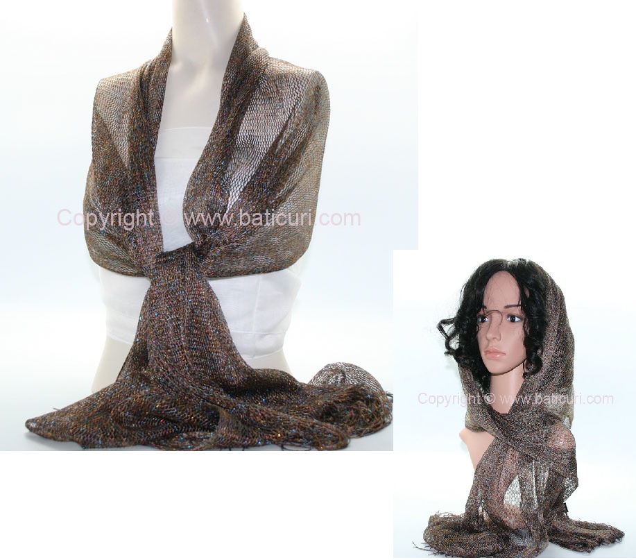 New Oblong Polyester Lightweight Mesh Metallic Scarf-Multi-color- Brown
